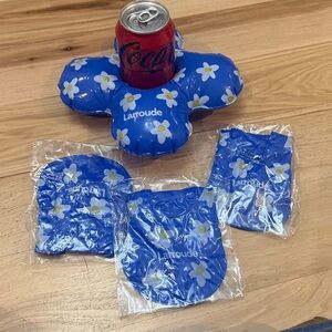Larroude Blue and White Floral pool floatie cup/can holders, set of 4